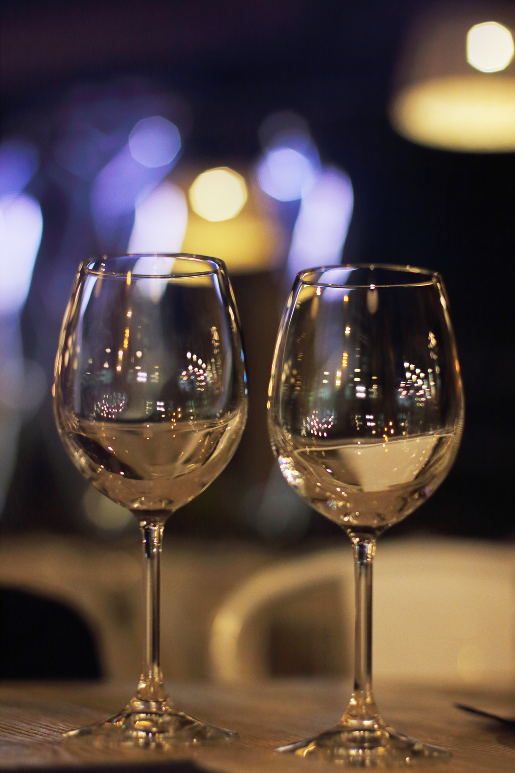 Two glasses of wine and bottle with fairy lights on background